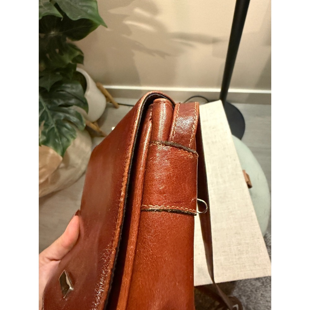 Vintage Cognac Brown Leather Crossbody Bag Striped Lining Minimalist Flap Purse - Picture 11 of 11